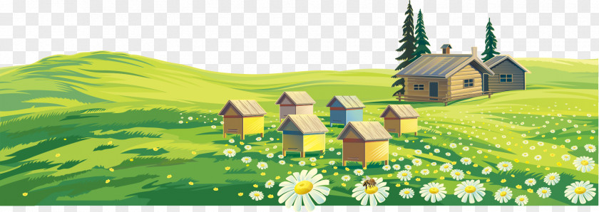 Cartoon Houses Painted Green Grass Flowers Trees Bee Landscape Painting Farm PNG