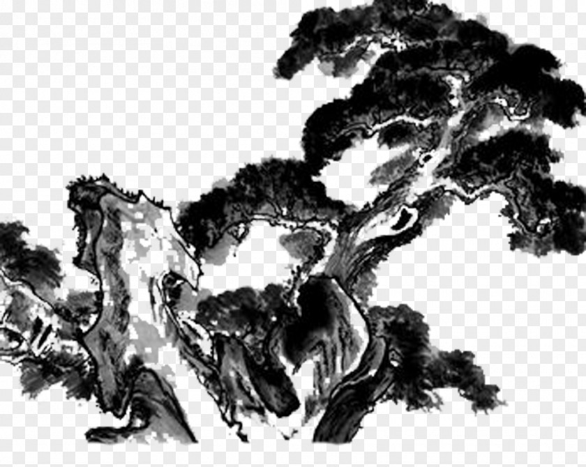 Ink Rock Tree Wash Painting Chinese PNG