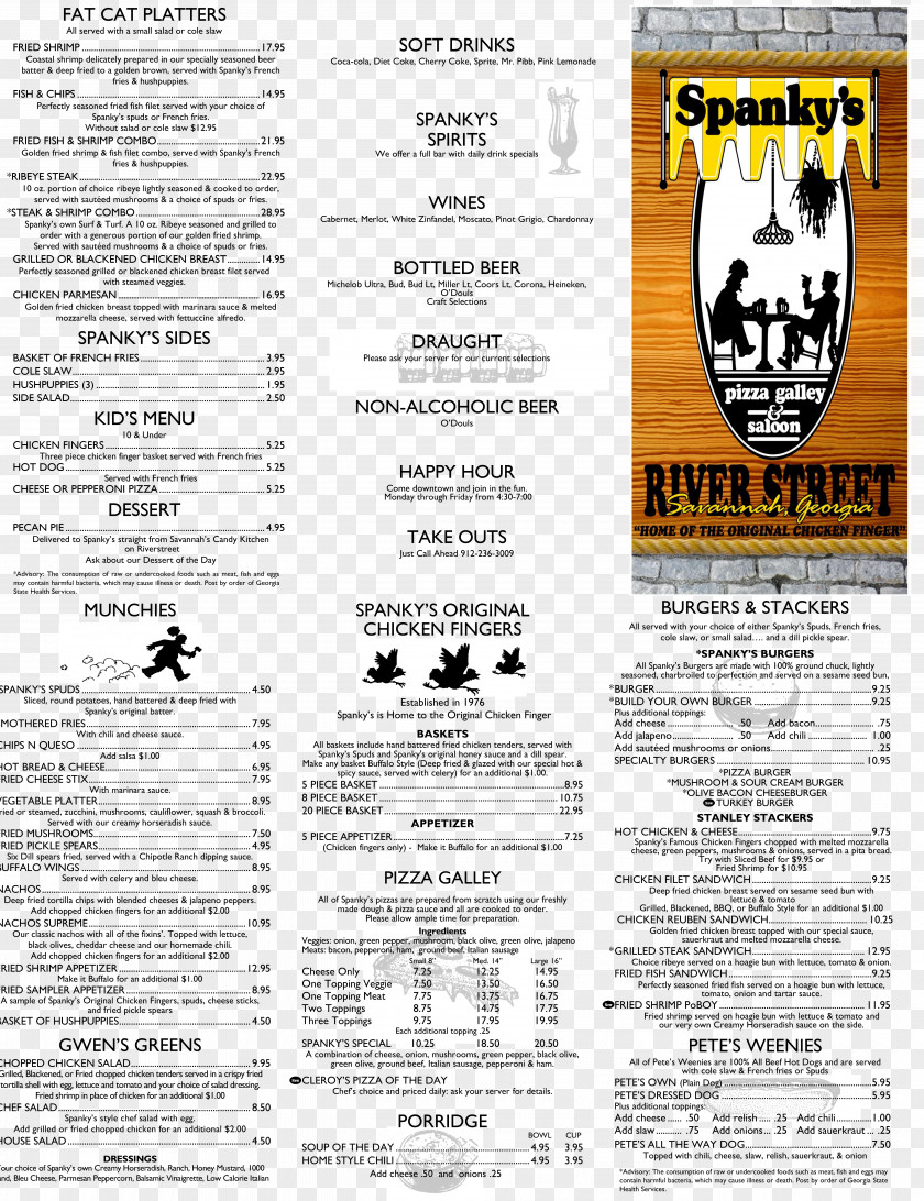 Spanky's Pizza Galley & Saloon Bar East River Street Menu Paper PNG