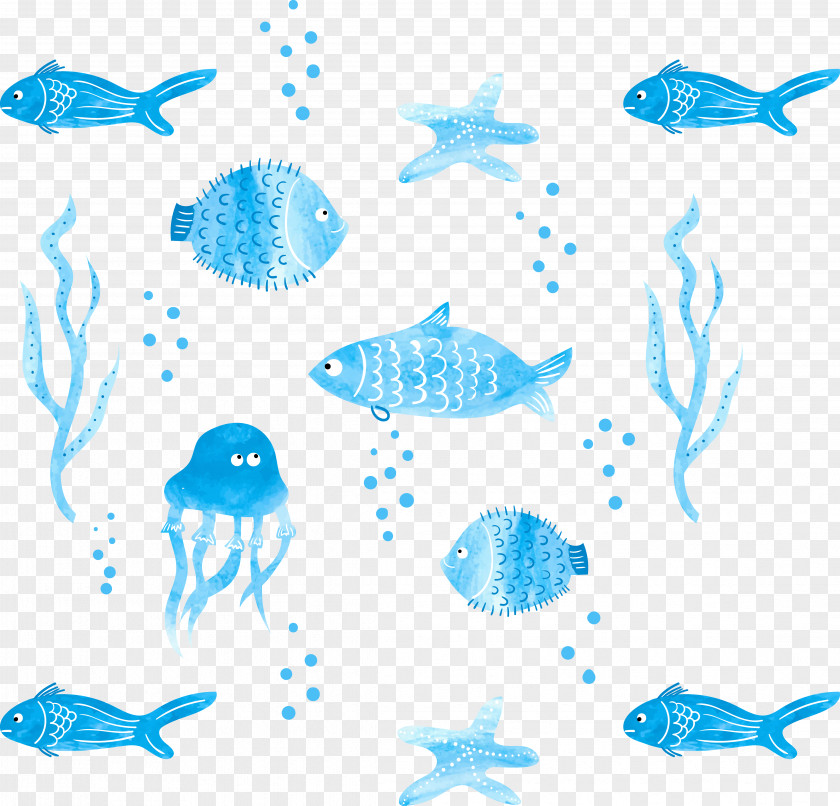 Floating Blue Sea World And Biological Loose Watercolor Painting Fish Illustration PNG