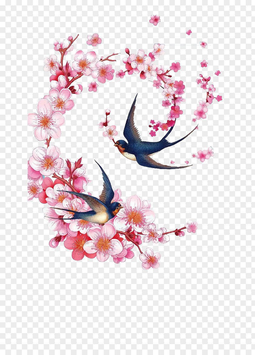 Hand-painted Peach And Swallow Chinoiserie Illustration PNG