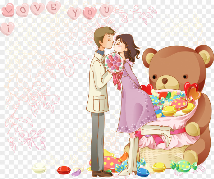 Romance Kissing Bear Cartoon Drawing PNG