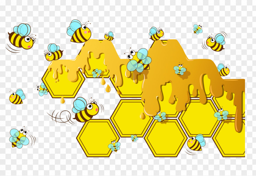 Hand Drawn Cartoon Yellow Honey Bee Hive Beehive Honeycomb Euclidean Vector Drawing PNG