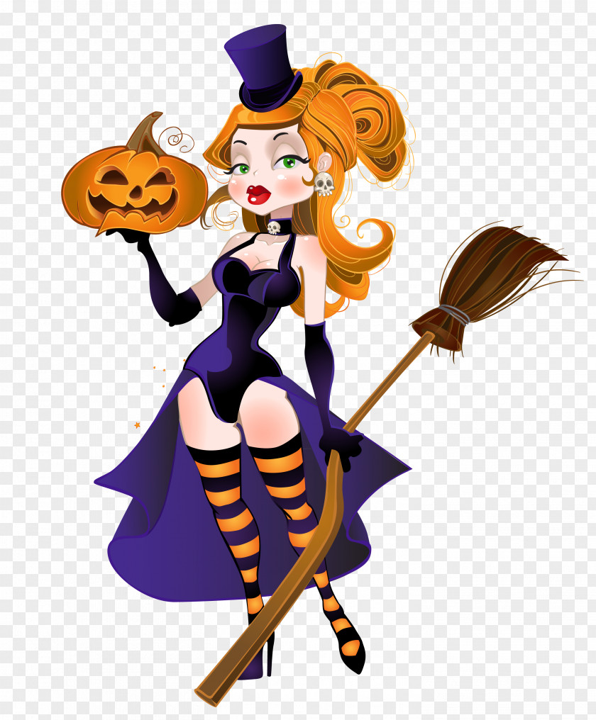 Halloween Witch With Broom And Pumpkin Clipart Witchcraft Illustration PNG