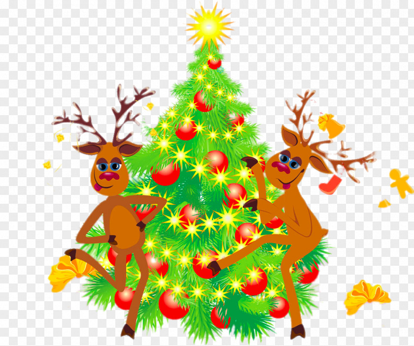 Two Antelope Christmas Tree Reindeer Santa Claus Clip Art PNG