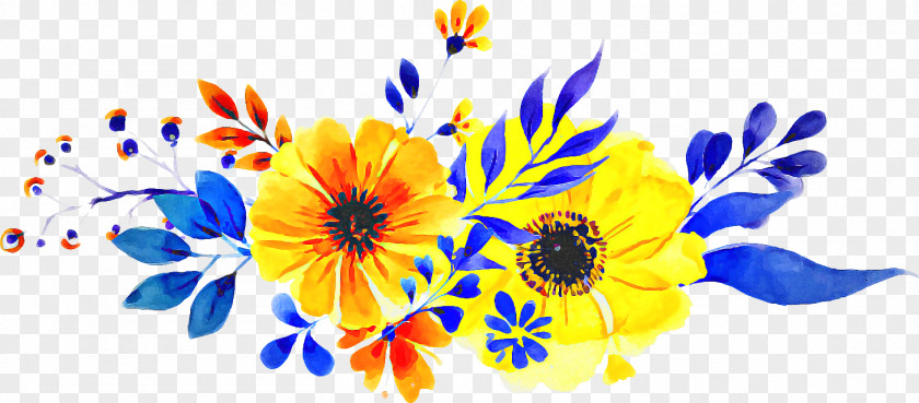 Sunflower English Marigold Blue Watercolor Flowers PNG