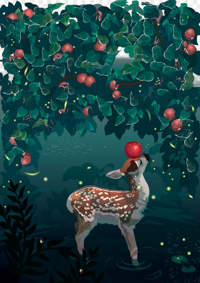 Hand-painted Background Pattern Apple Deer Reindeer Christmas Tree PNG