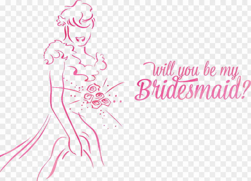 Pink Line Drawing Bride Bridesmaid Wedding Dress Illustration PNG