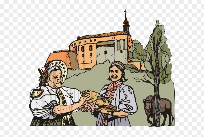 Rural Women Are Busy Dividing Bread Cartoon Illustration PNG