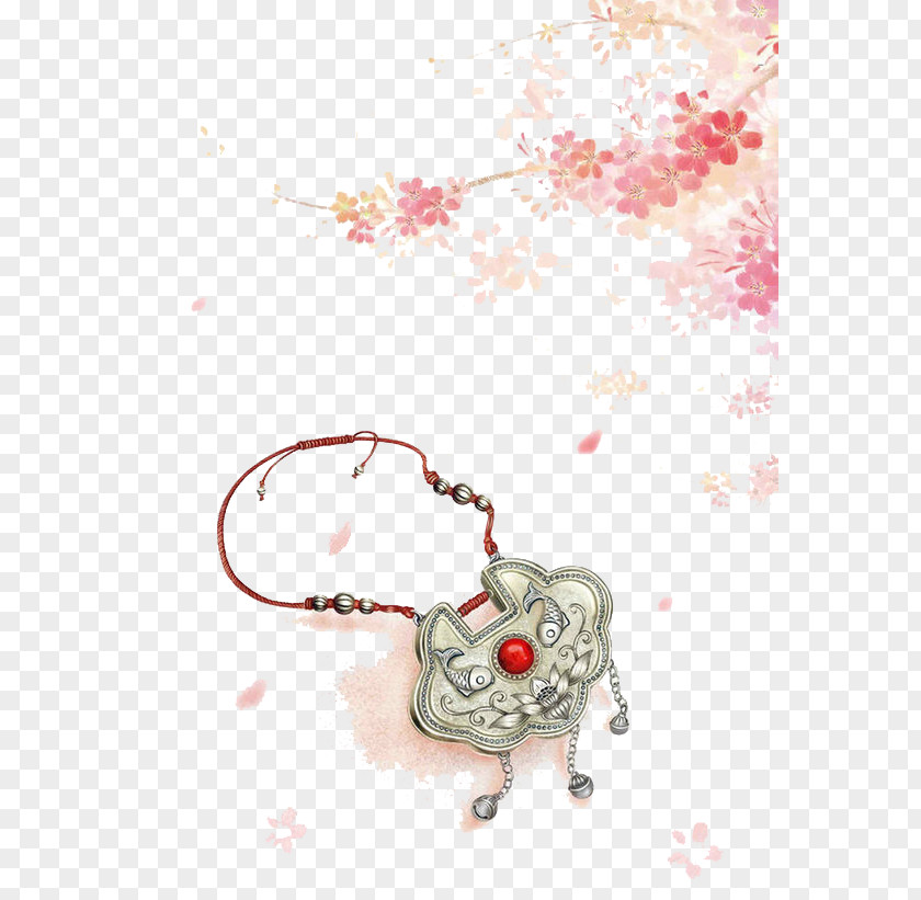 Pink Cherry Blossoms And Longevity Lock Watercolor Painting Art Illustration PNG