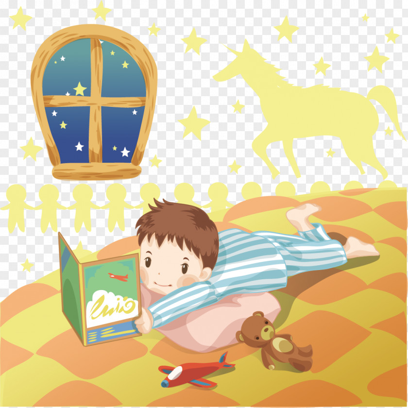 Boy Lying In Bed Reading A Book PNG