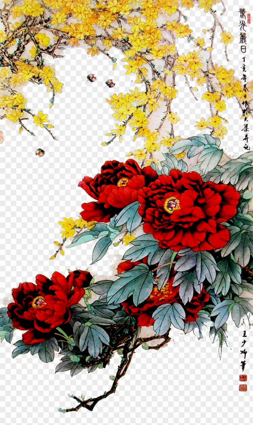 Peony Gongbi Floral Design Bird-and-flower Painting PNG