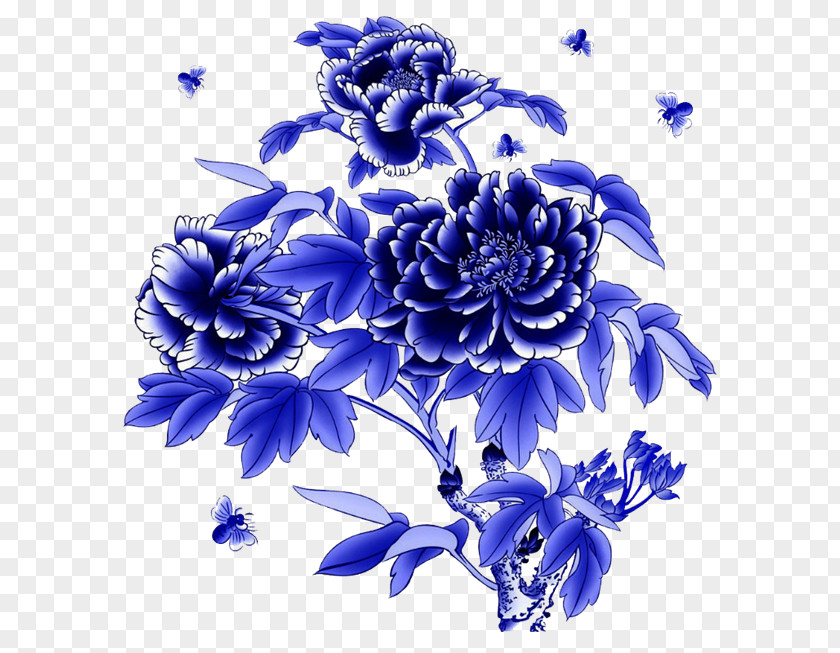 Peony Blue And White Pottery Motif PNG