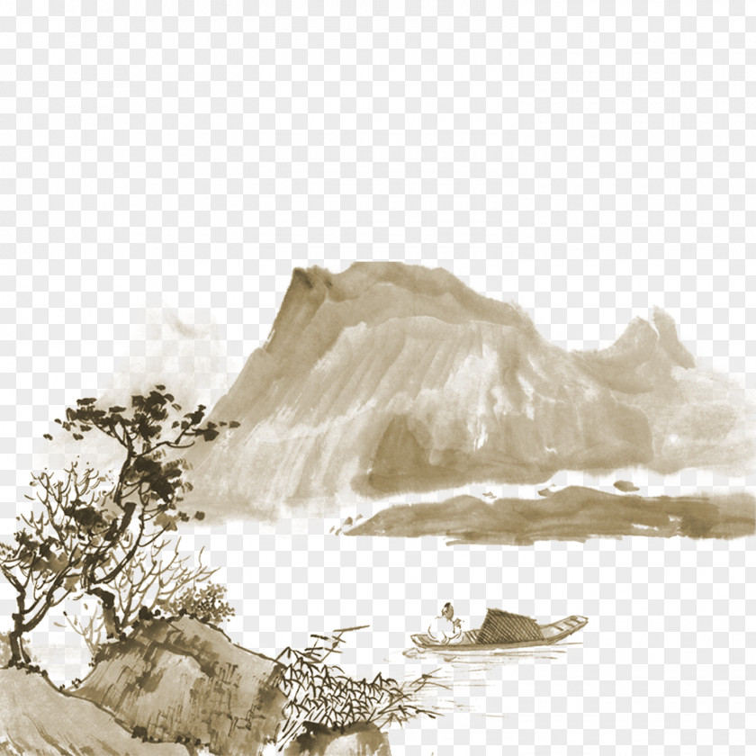 Mountain Tree Ship Material Picture China Landscape Painting India Ink Drawing PNG