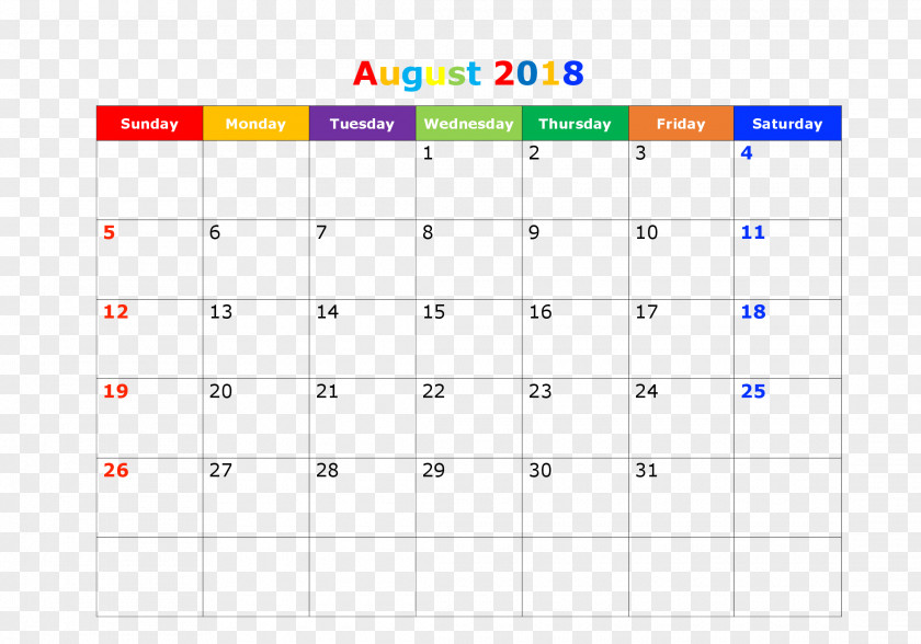August 2018 Calendar 0 PDF Template Microsoft Excel PNG