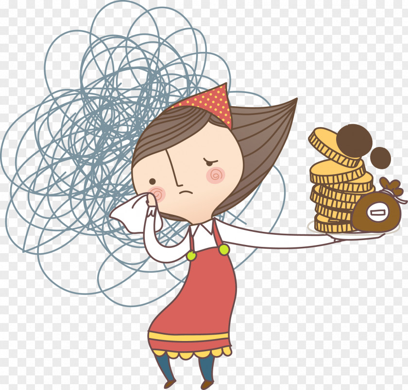 Cartoon Worry Woman Vector Drawing Illustration PNG