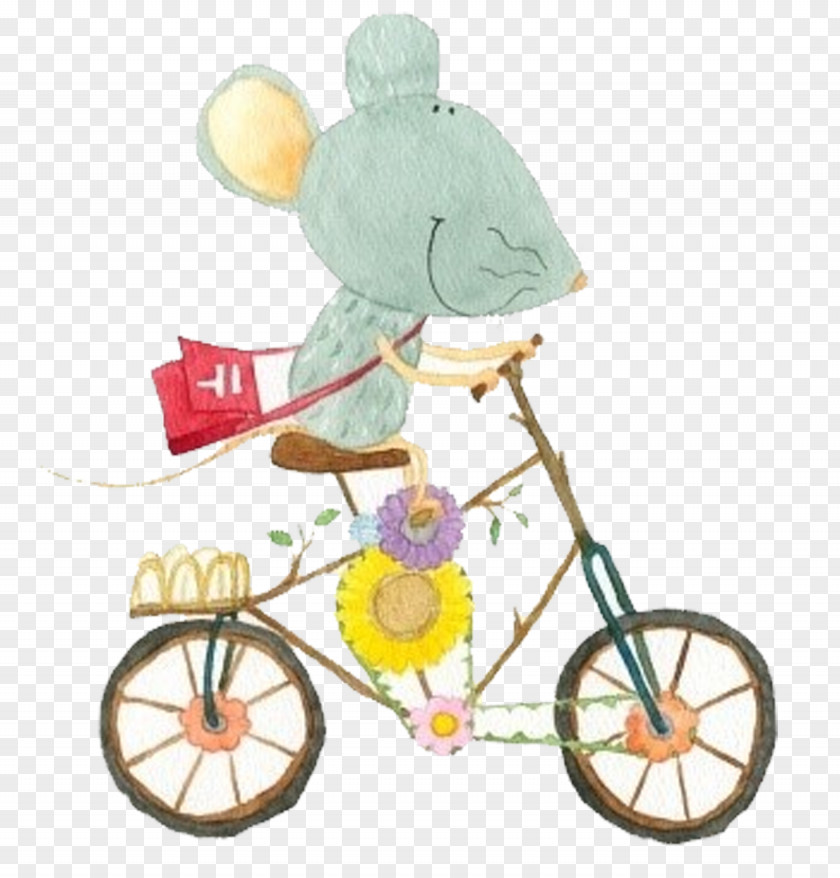 Hand-painted Cartoon Mouse Riding A Bike Cycling Road Bicycle Frame Poster PNG