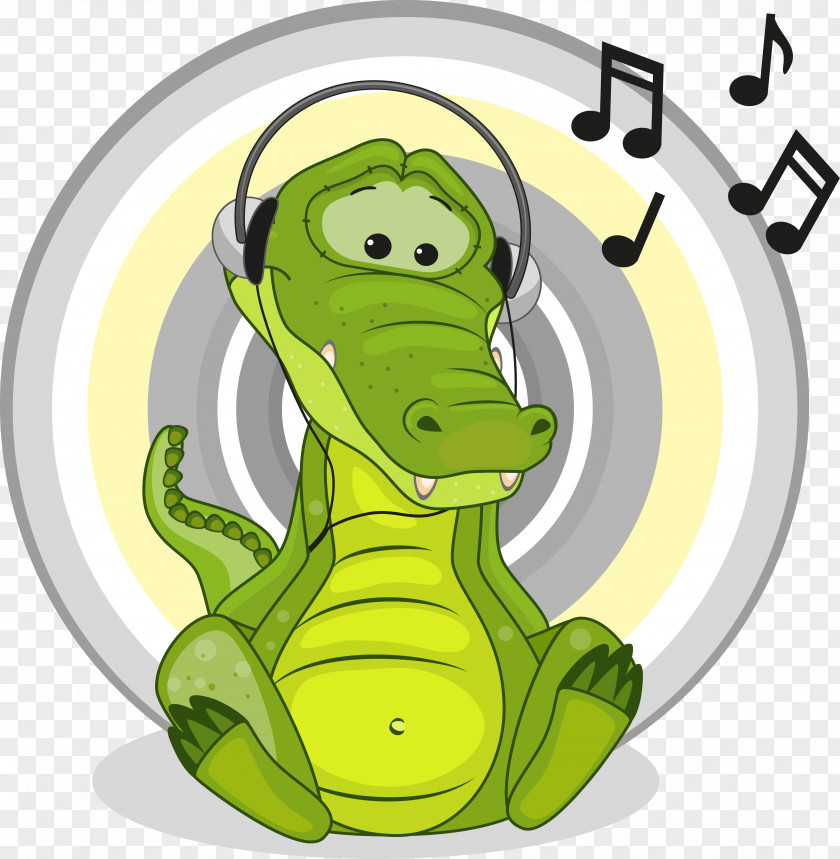 Wearing Headphones Crocodile Vector Cartoon Drawing Illustration PNG