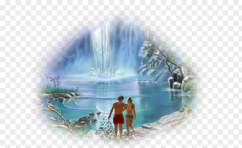 Painting Waterfall Rainbow Landscape Nature PNG