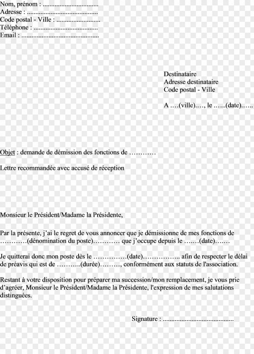 LETTRE Cover Letter Démission En Droit Français Association Loi De 1901 Contrat à Durée Indéterminée PNG