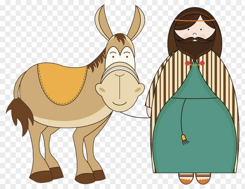 A Cartoon Man Holding Mule Holy Family Nativity Of Jesus Scene Illustration PNG