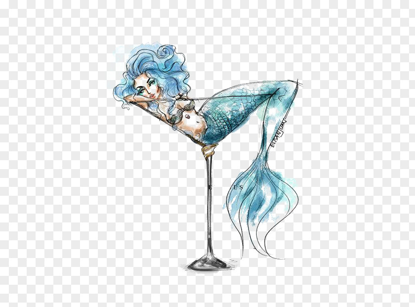 Hand-painted Mermaid Martini Drink Cocktail Glass Drawing PNG