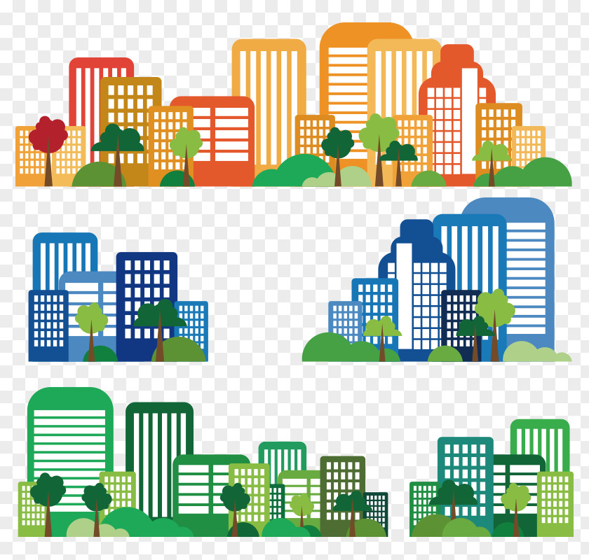 Three-color Flat Fillet City Building Pattern Skyline Cityscape Illustration PNG