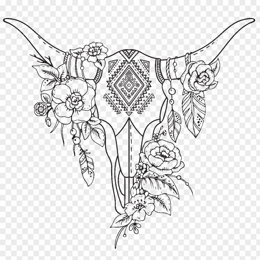 Skull Cattle Drawing Flower PNG
