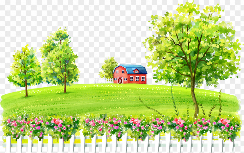 Small Red House And Trees Cartoon Fukei Download Illustration PNG