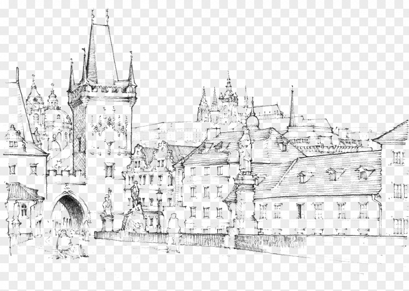 Hand-painted Medieval Castle Charles Bridge Malxe1 Strana Drawing Sketch PNG