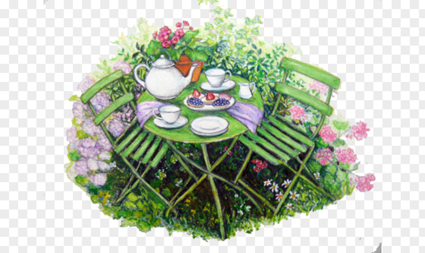 Tea In The Garden Green Table Floral Design PNG