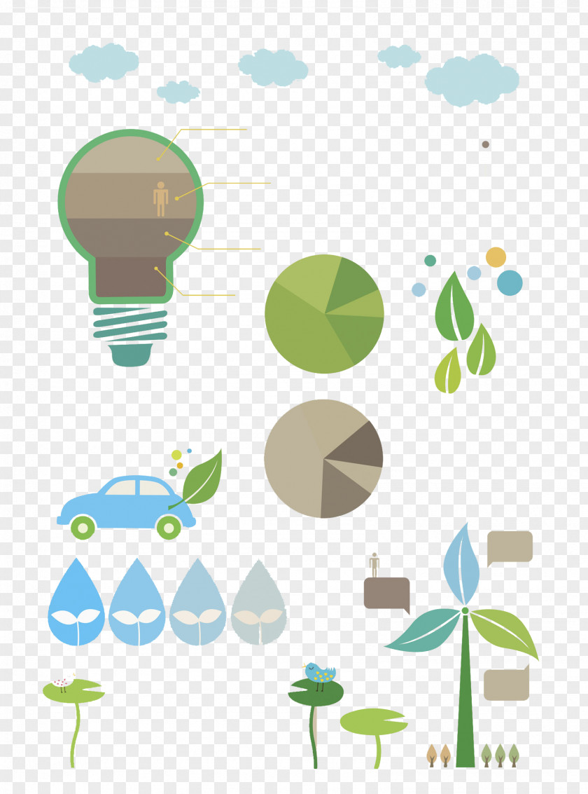 Hand Drawn Green Bulbs And Cars Illustration PNG