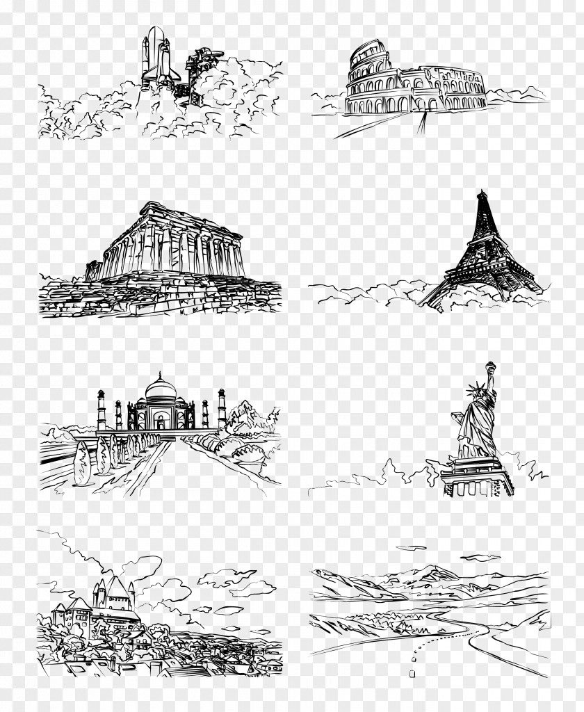 Vector World Monuments Artwork Eiffel Tower Statue Of Liberty Sydney Opera House Colosseum PNG