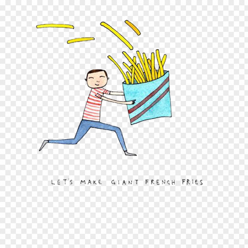 Boy Running Holding French Fries Drawing Watercolor Painting Illustration PNG