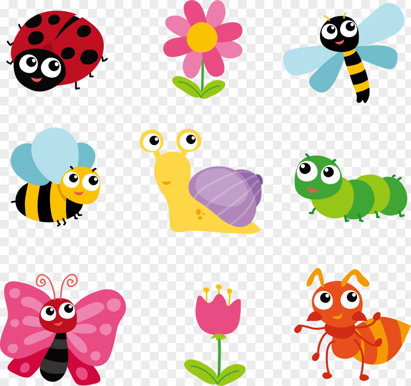 9 Lovely Insects And Flowers Vector Insect Cartoon Clip Art PNG