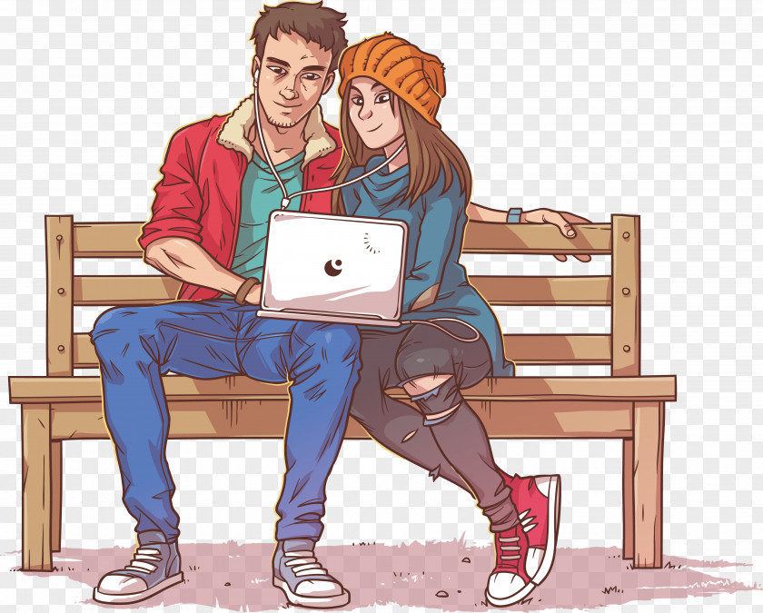 A Couple Sitting On Park Bench Wedding Invitation Millennials Illustration PNG