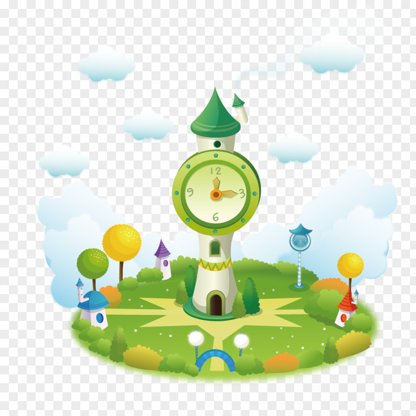 Fairy Big Clock Tower Cartoon Illustration PNG