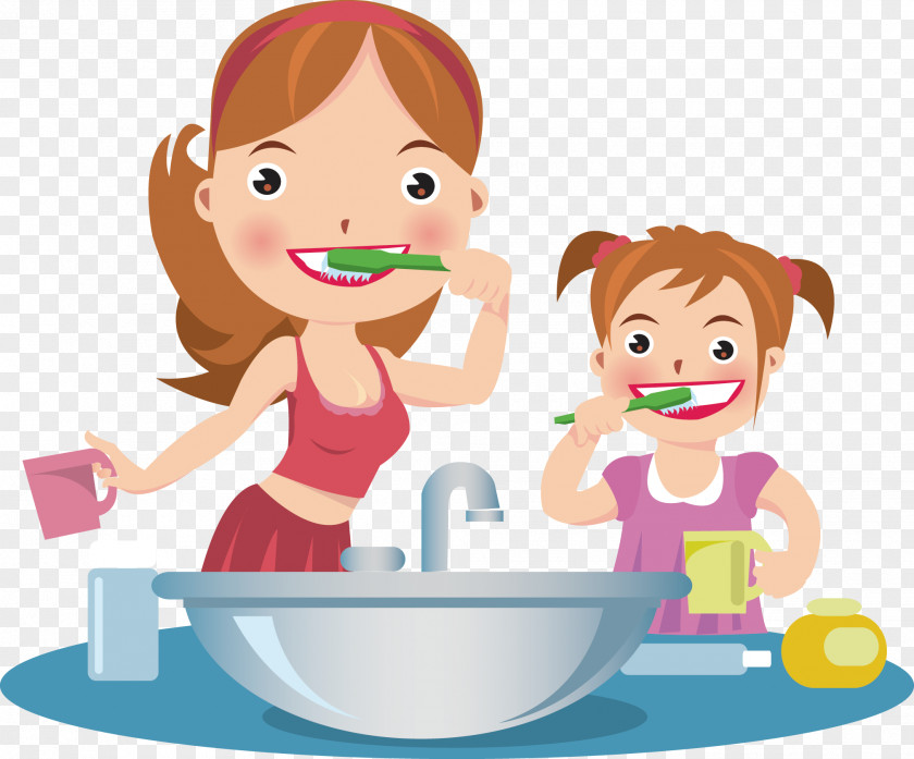 Mother And Daughter Brush Your Teeth Tooth Brushing Dentistry Cartoon Toothbrush PNG