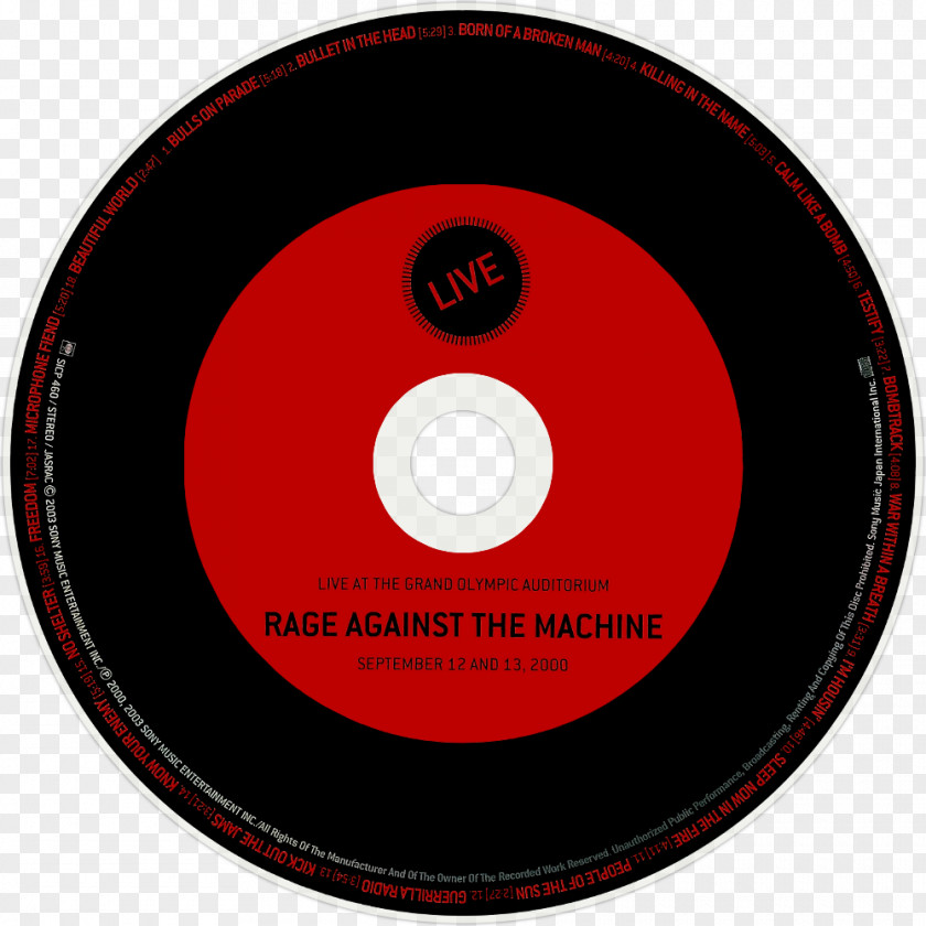 Rage Against The Machine Live At Grand Olympic Auditorium & Rare Battle Of Los Angeles Compact Disc PNG