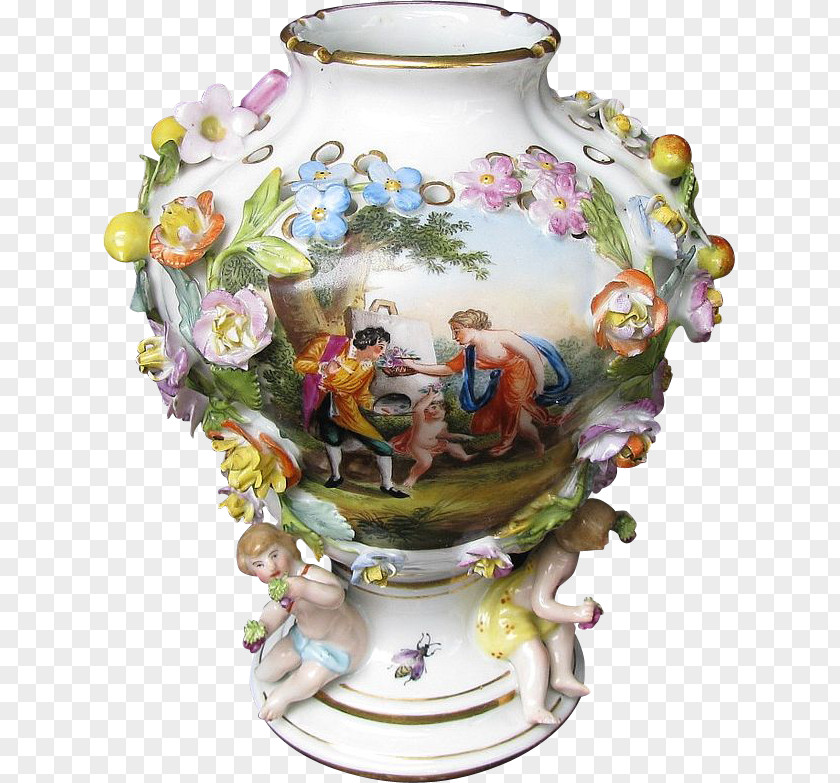 Hand Painted Flowers Dresden Jingdezhen Vase Porcelain Ceramic PNG