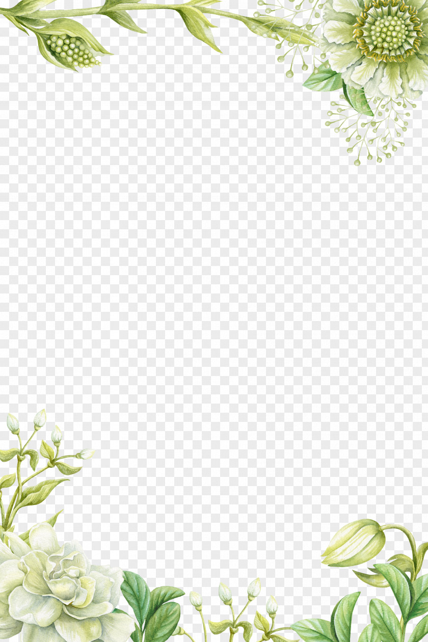 Green Hand-painted Flower Borders Painting PNG