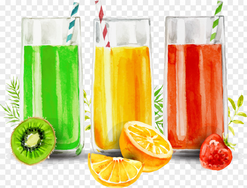 Three Cups Of Freshly Squeezed Juice Fizzy Drinks Watercolor Painting Juicing PNG