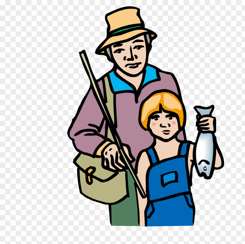 Grandfather And Grandson Fishing Illustration PNG