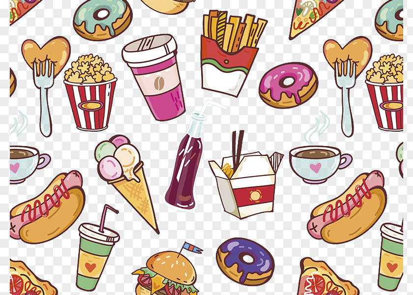 Hand-painted Donuts Coffee Cola Fries Hot Dog Fork Ice Cream Collection Doughnut French Junk Food PNG