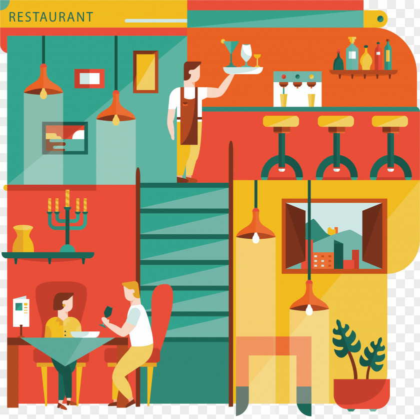 Retro Restaurant Model Flat Design Illustration PNG