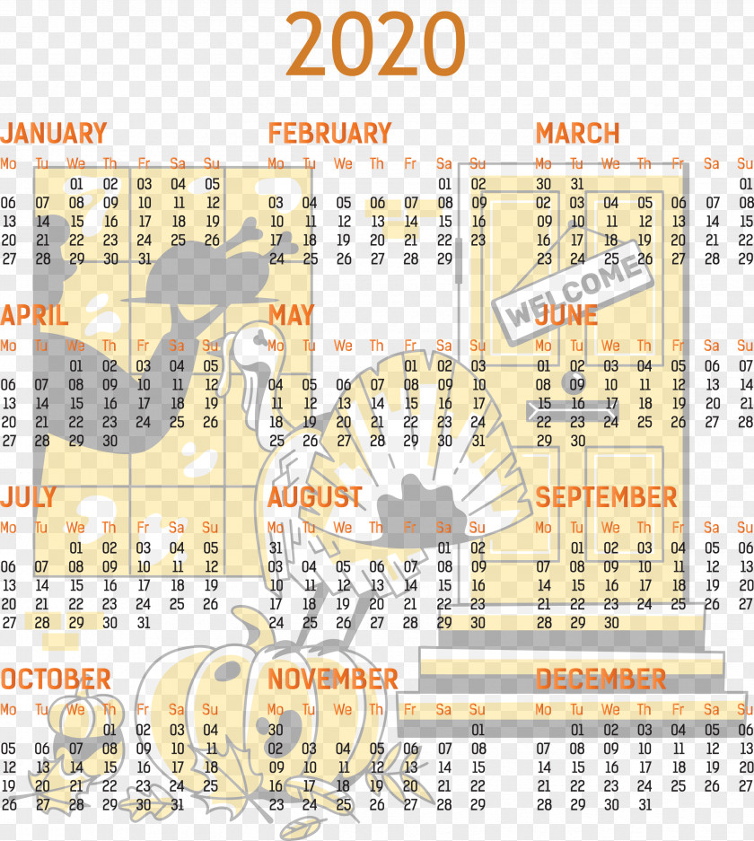 2020 Yearly Calendar Printable Template Full Year PNG