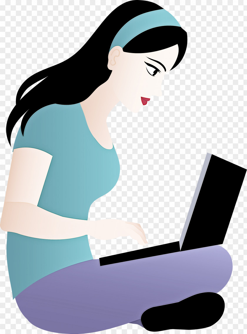 Laptop Black Hair Clip Art Reading Cartoon Sitting PNG