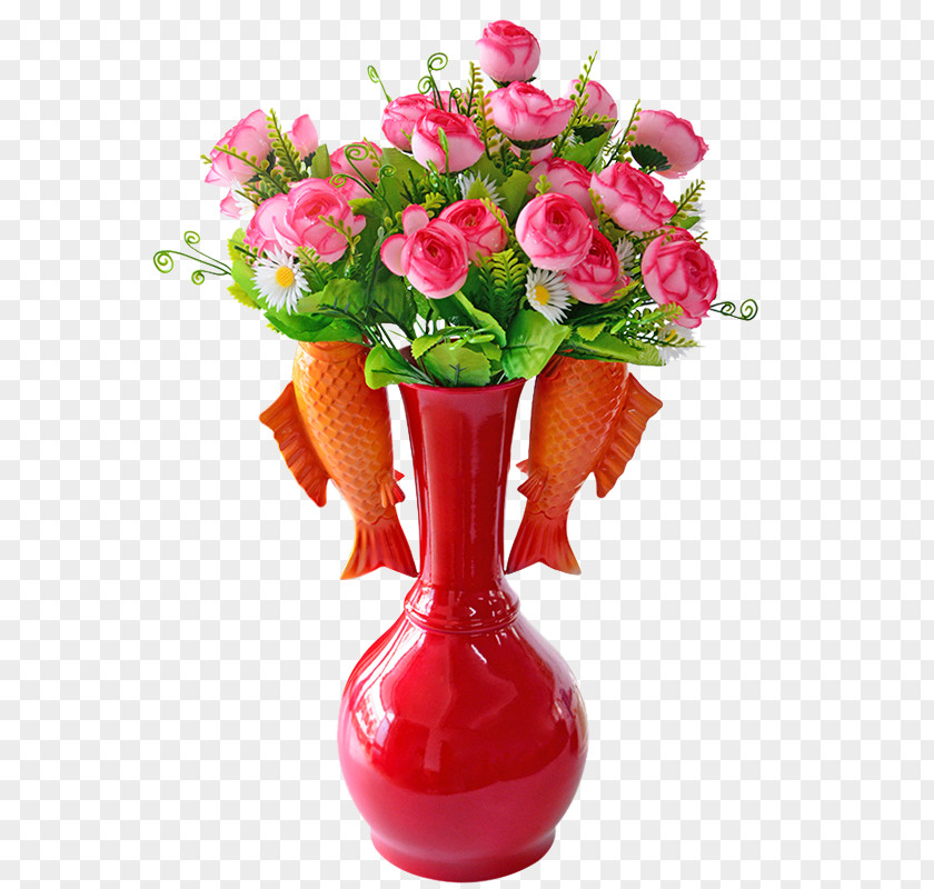 Red Pisces Continental Flowerpot Garden Roses Vase Floral Design PNG