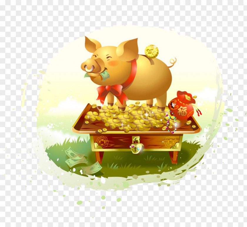 Golden Pig Piggy Bank Cartoon Coins Caiyuanguangjin Icon PNG