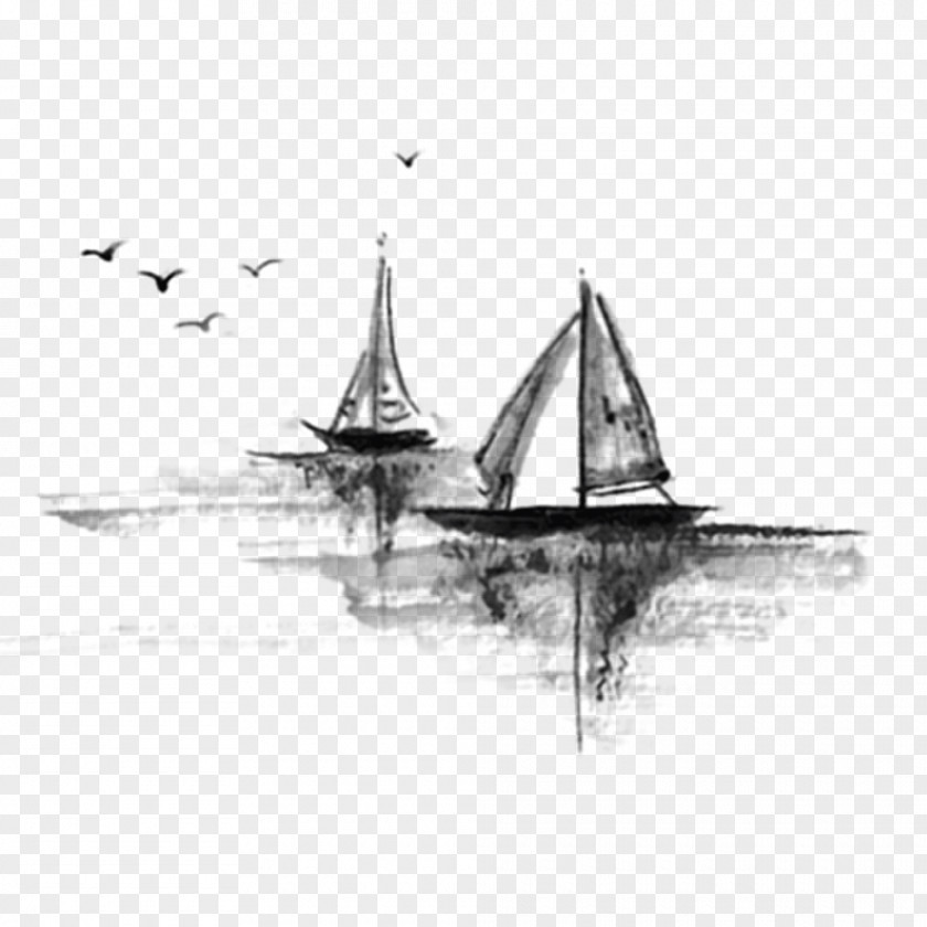 Free Boat To Pull The Ink Material Wash Painting Brush Watercolor Landscape PNG